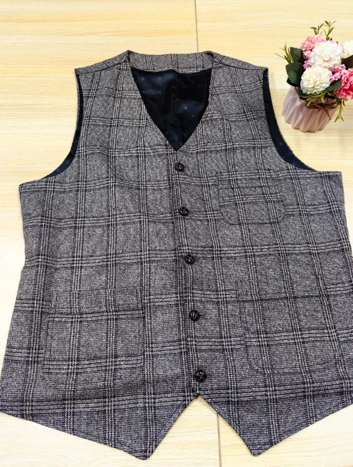 Mens Vintage Business Vest Plaid Classic Coat Tweed Slim Fit Formal Waistcoat for Wedding Groomsmen 5