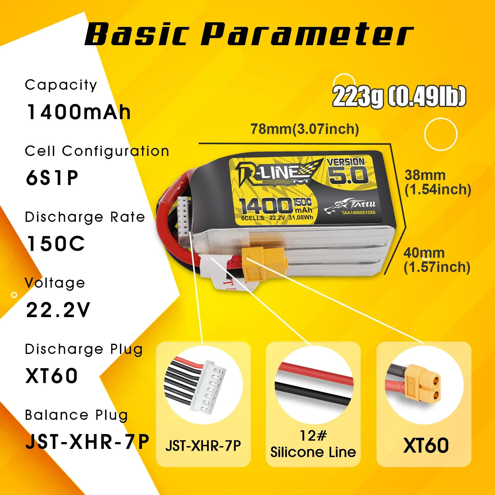 Tattu R-Line 6S Lipo Battery 1400mAh 22.2V 120C With XT60 Plug For FPV Racing Drones