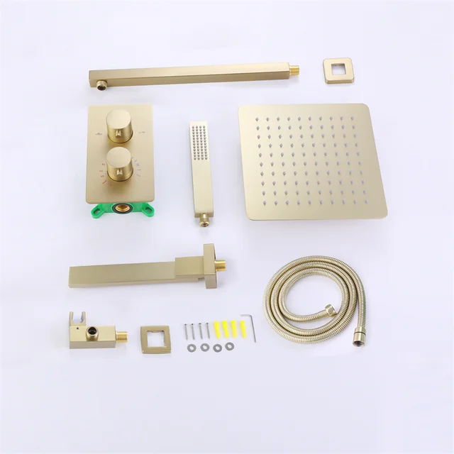 ชุดฝักบัวอาบน้ำหรูหรา แบบมือจับคู่ 3 ฟังก์ชั่น ฝังผนัง สีทองด้าน ระบบฝักบัวเรนชาวเวอร์ ทำจากทองเหลือง 3
