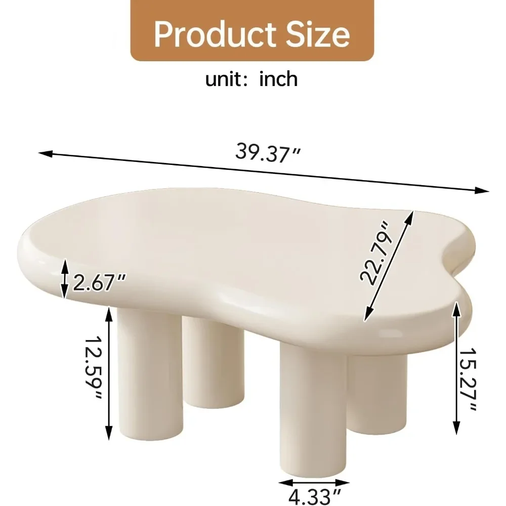 39.37" Cloud Coffee Table, Modern Coffee Table with 4 Sturdy Support Legs, Small  Coffee Table, 2.67" Thick Tabletop,Easy Match 2