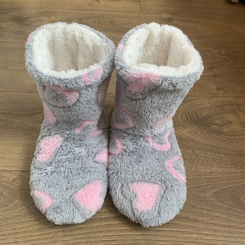Winter Home Slipper Boot Women Heart Love Non Slip Warm Children Fleece Soft Indoor Plush Cotton Female Floor Shoes House Men