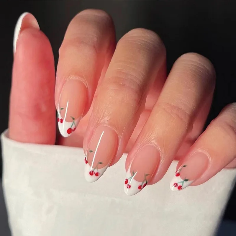 24Pcs Red Cherry Cute Wearable Nail Art Detachable Stiletto Pointed Glossy White French False Nails Press On Nail With Glue Set