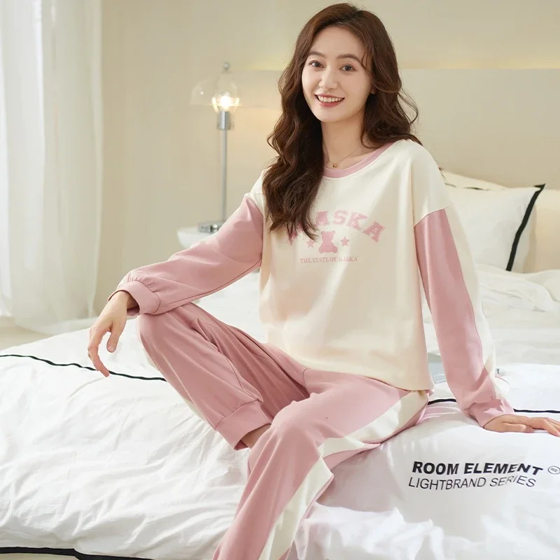 thumbnail image 1 of Pijamas con estampado de oso para mujer, ropa de dormir de algodón de manga larga, suave, de ocio, de dibujos animados, para Otoño e Invierno, 1 of 5
