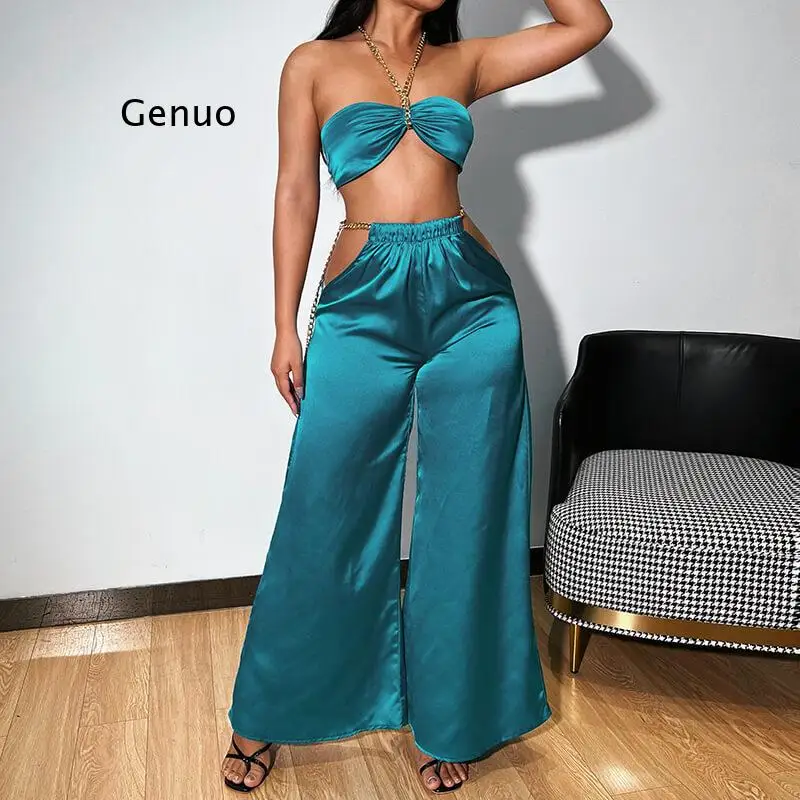

Chain Halter Neck Crop Top and Wide Leg Pants Set Club 2 Piece Sets Elegant Womens Cropped Tops Matching Outfits Summer New