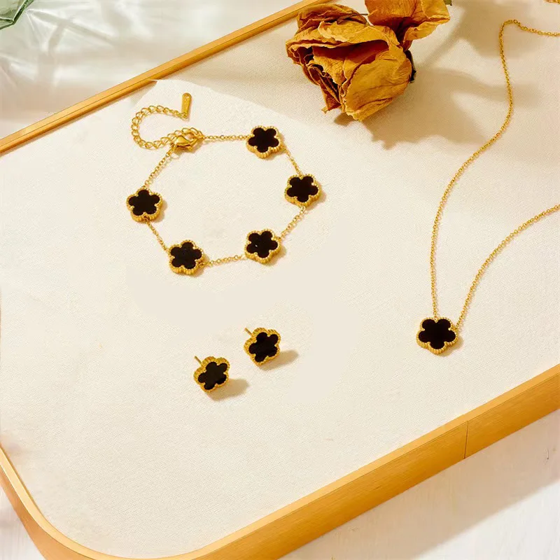 Stainless Steel Plum Blossom Plant Five Leaf Jewelry Sets Necklace Bracelet Earrings 3 pieces jewelry sets