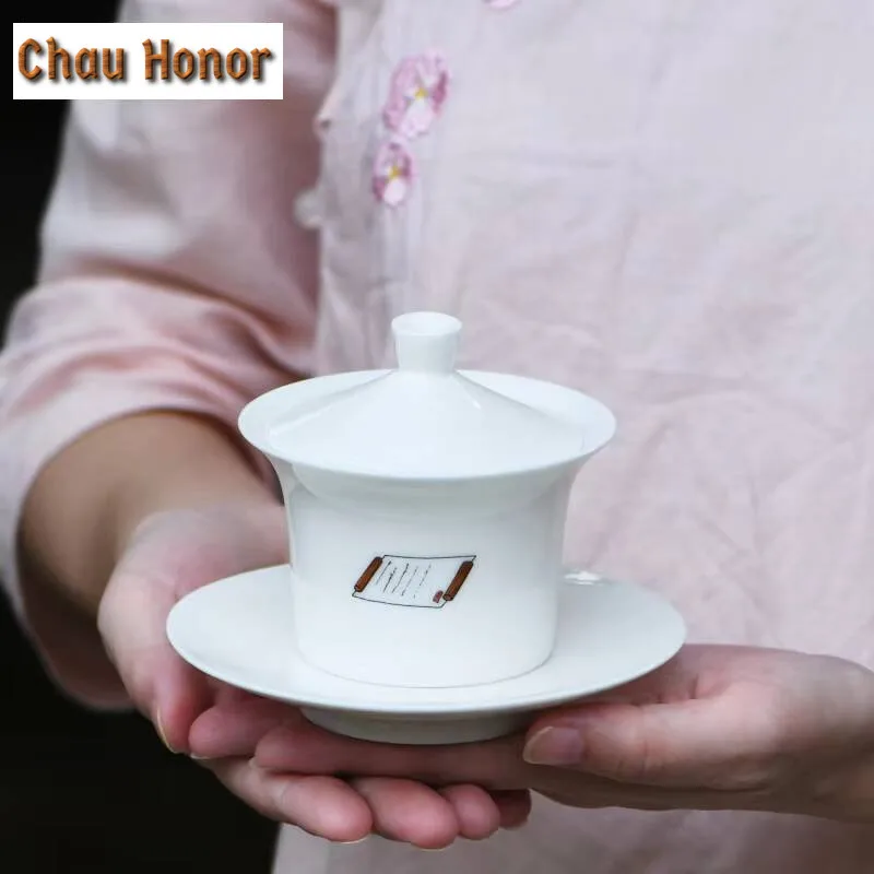 150ml Dehua White Porcelain Gaiwan Creative Ceramic Bowl with Lid Tea Tureen Art Tea Brewing Cover Bowl Tea Ceremony Collection