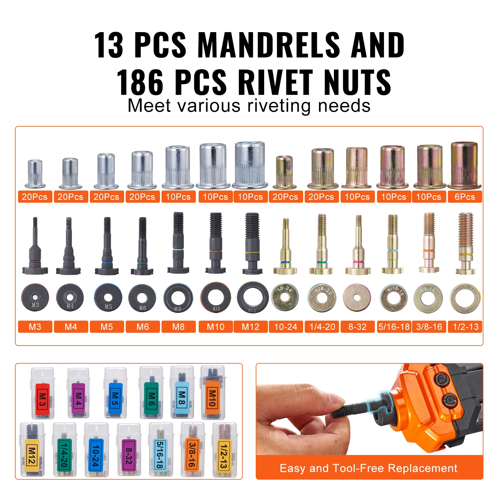 VEVOR 14" 16" Rivet Nut Tool Rivnut Tool Kit with Metric and SAE Mandrels 70PCS/186PCS Rivet Nuts With Rugged Carrying Case 4