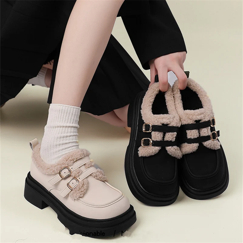 

Shoes Woman 2023 Casual Female Sneakers Modis Oxfords Autumn Loafers With Fur Round Toe Flats British Style New Cute Leather Fal