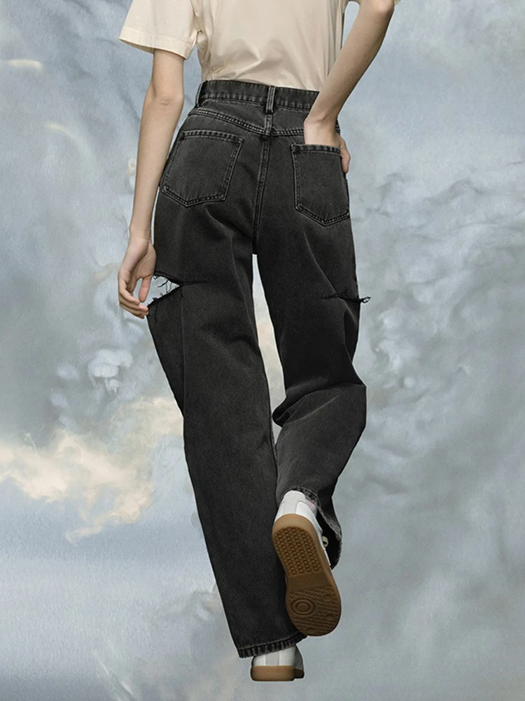 DEAT Women's Denim Pants Broken Holes Washed Black Hollow