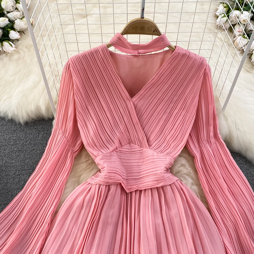 Autumn Flare Sleeve V-neck Midi Dresses for Women Solid Pleated A-line Elegant Party Dress Korean Fashion One Piece Vestidos New