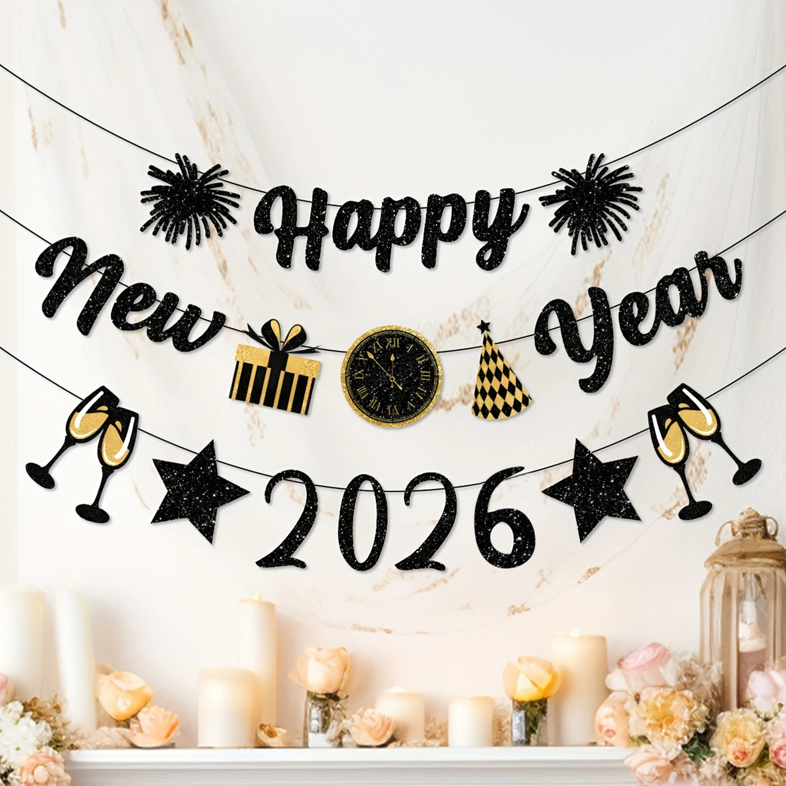 Glitter Gelukkig Nieuwjaar Zwart en Goud Banner Oudejaarsavond Feestdecoraties 2026 Benodigdheden NYE Teken Garland Banner voor Gelukkig Nieuw