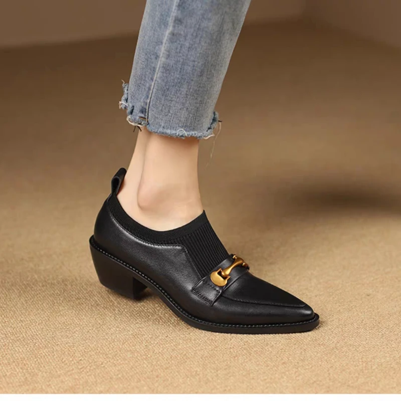 

French Retro Pointed Thick Heels Women's Spring and Autumn 2024 New Mid Heel Elastic Soft Leather Single Shoes