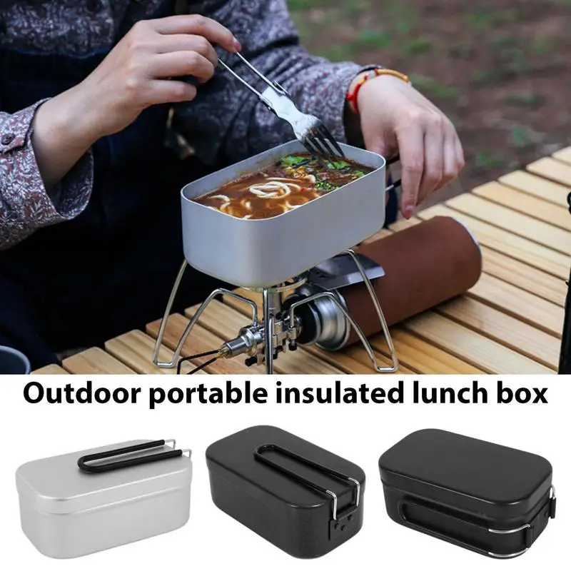 

Outdoor Camping Insulated Lunch Box With Folding Handle Portable Tableware Aluminum Bento Box Camping Picnic Cooking Supplies