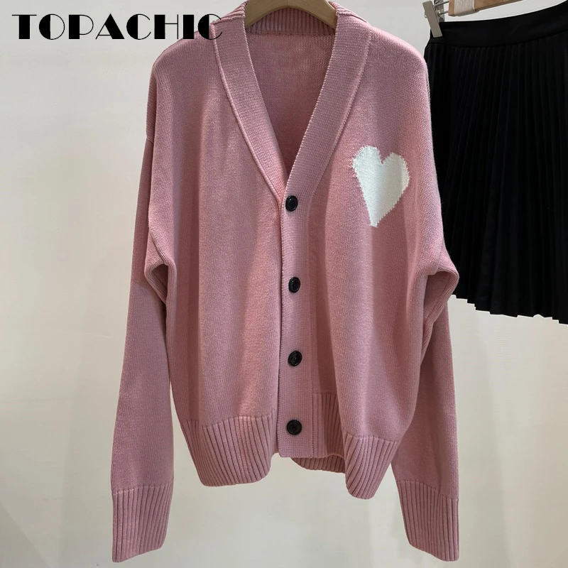 

12.11 TOPACHIC Women's Street Casual V-Neck Single Breasted Heart-Shaped Crochet Pink Knitted Cardigan Sweater