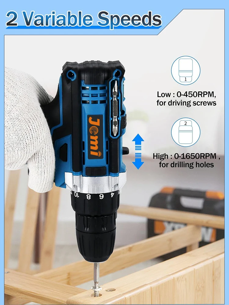 21V Cordless Drill Set, 23 Pieces Drill with 3/8" Keyless Chuck, 25 3 Clutch Drill with Work Light, Max Torque 45Nm, 2 Speeds 2