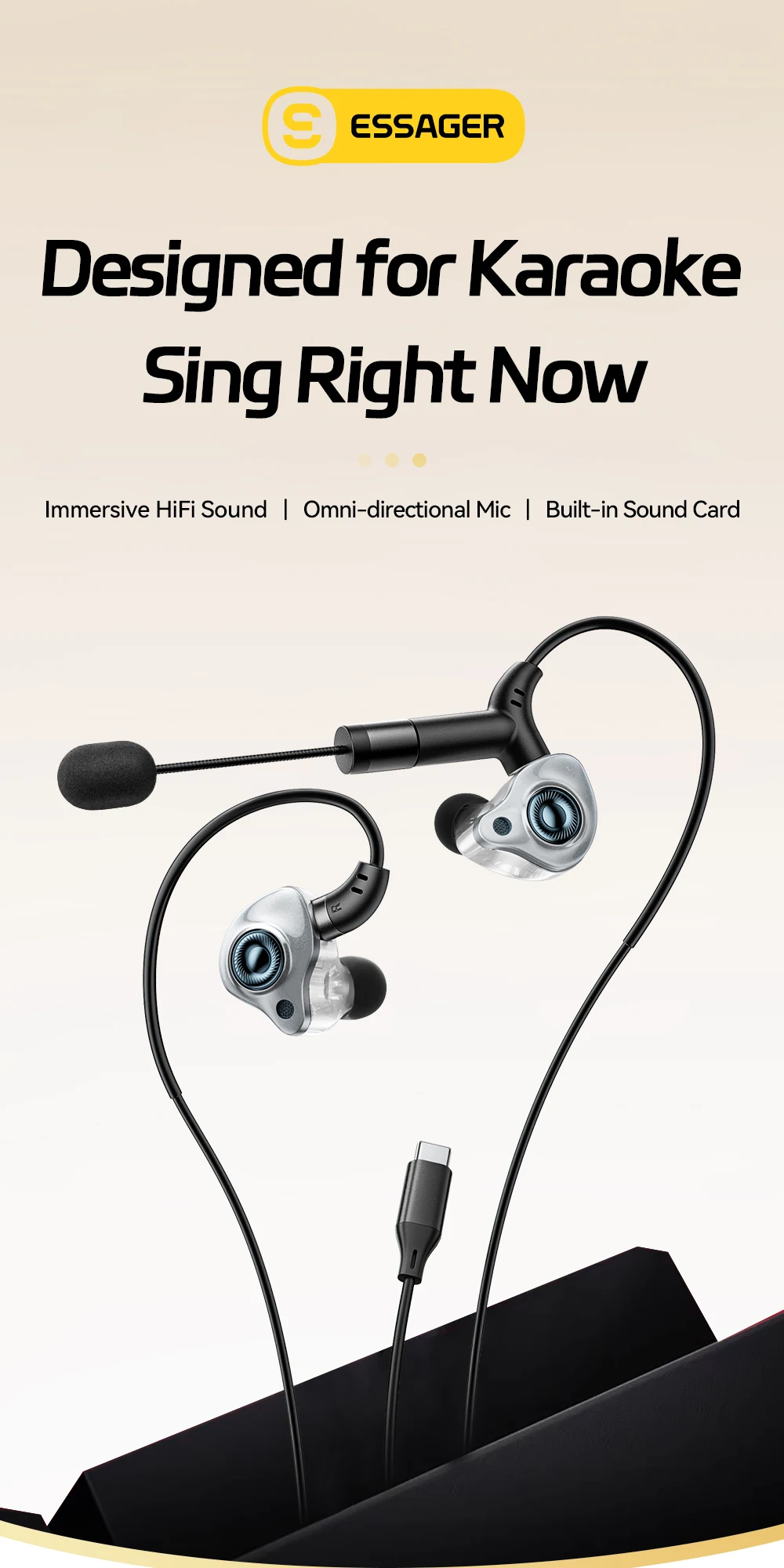 Type-C Karaoke Earphones With Built-in Sound Card HiFi Stereo Music Wired Earbud