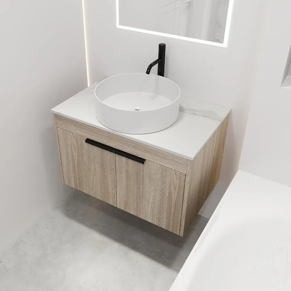 Bathroom vanity cabinet,30" Floating Bathrooms Vanity With Sink,With Marble Top And Round Ceramic Vessel Sink,Bathroom Dresser