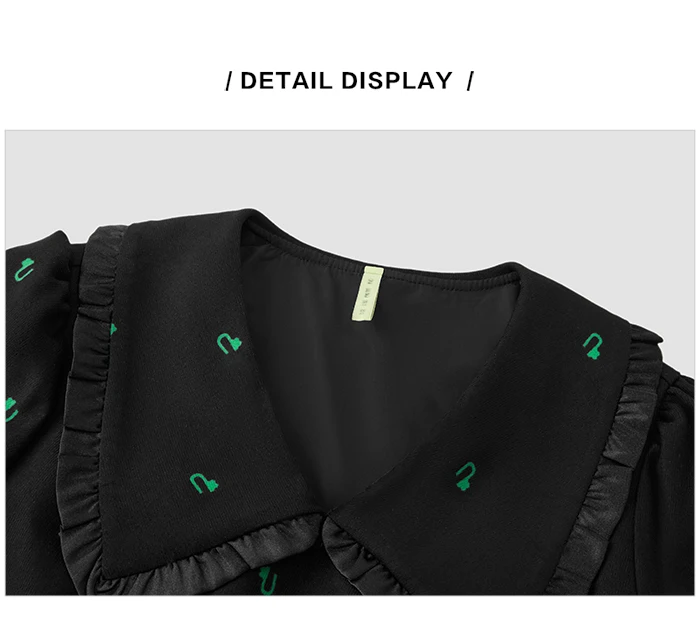Vestido de mujer con mangas abullonadas y estampado completo, negro, de invierno, con solapa de encaje.