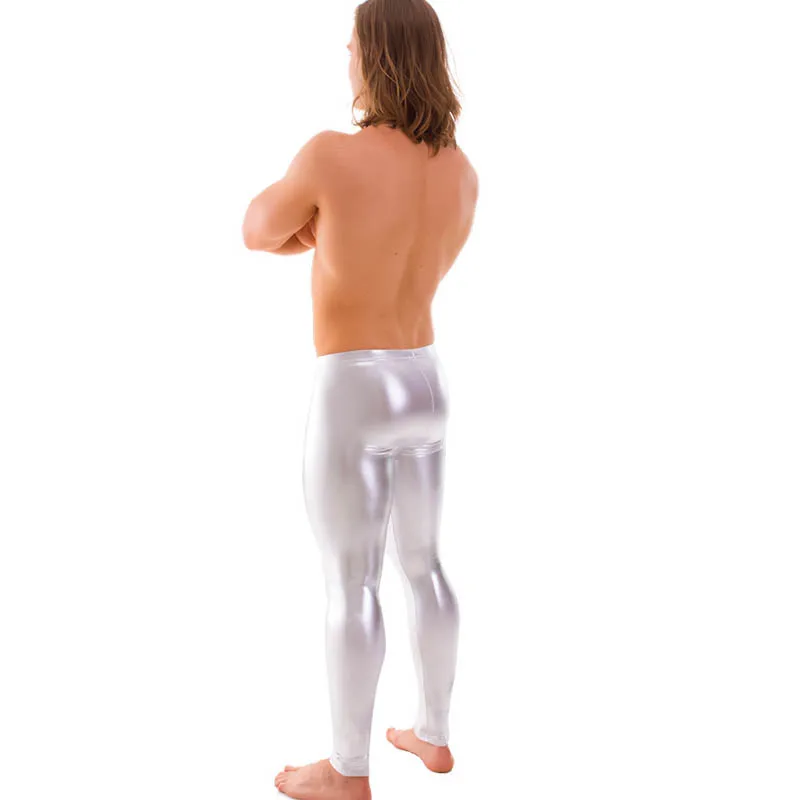 Men Shiny Leggings Look Wet Bright Faux Leather Metallic Stretchy Dance Pants Disco Trousers Rock Punk Style Night Club Nylon