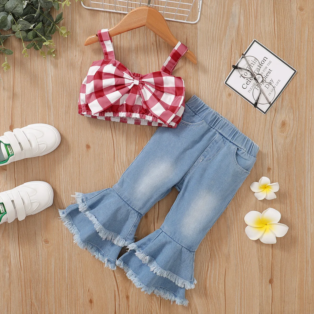 baby clothes mini set Girls children's clothing  summer new baby girl plaid suspender bow top + flared denim trousers girls casual suit baby shirt clothing set