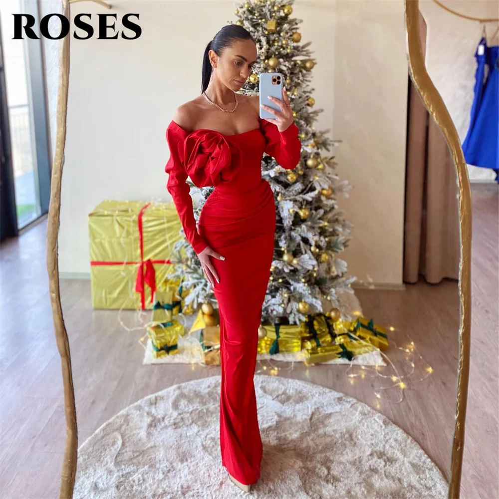 

ROSES Red Evening Dress Strapless Trumpet Satin Party Dress With Flower Off The Shoulder 프롬드레스 Ruched Long Sleeves Prom Dress