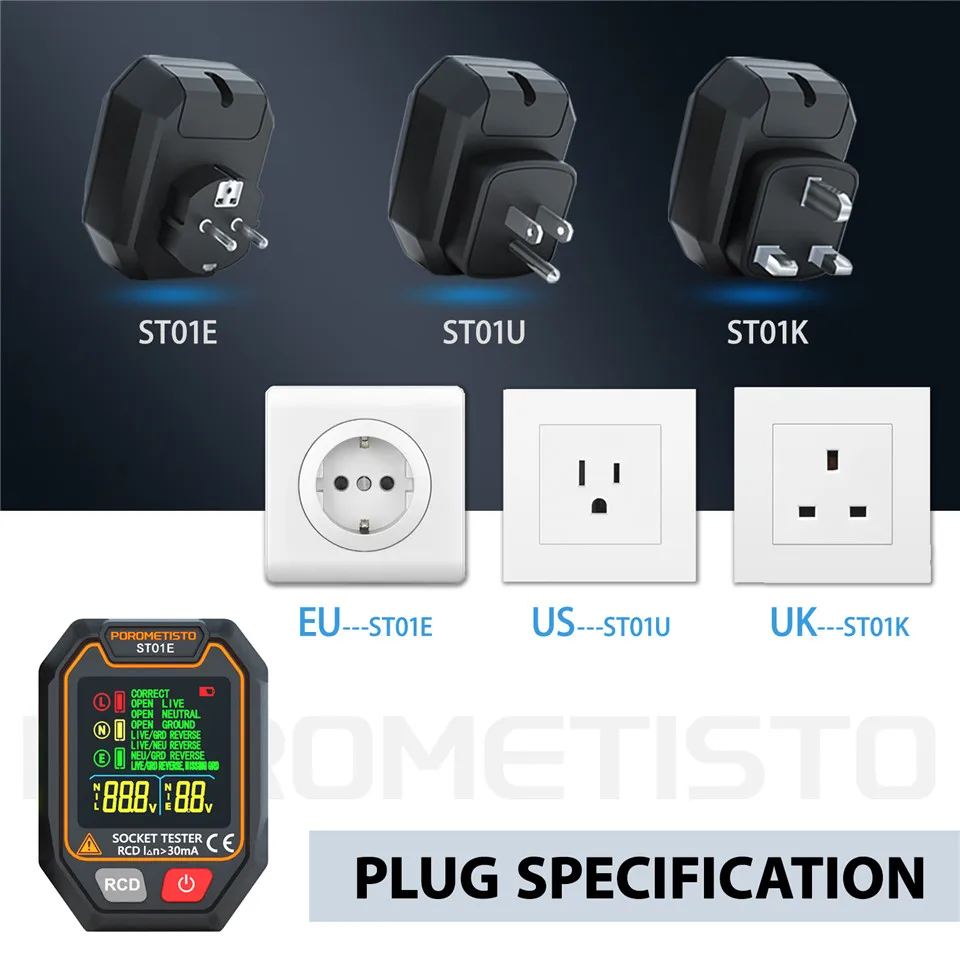 POROMETISTO ST01 Digital Socket Tester Color Screen UK/EU/US Circuit Checker RCD Socket Detector Data Hold Polarity Tester