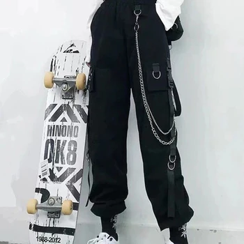 여성용 하렘 카고 팬츠, 펑크 포켓, 조거 바지, 하라주쿠 탄성 체인, 하이 웨이스트 스트리트웨어, 패션