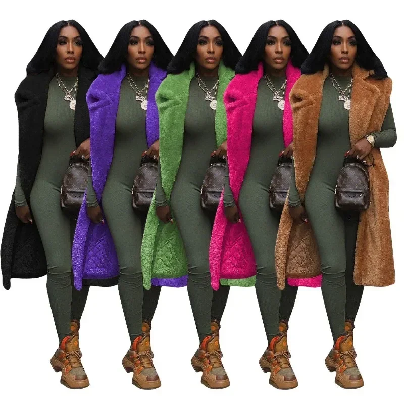 

Plush Warm Thick Sleeveless Long Jacket Women Winter Fashion Turn Down Collar Open Stitch All Match Casual Vests Coat Streetwear