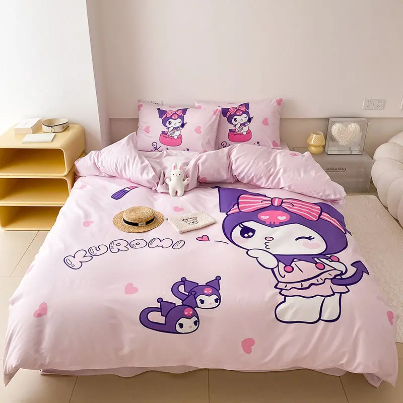 Kuromi Anime Duvet Cover Cartoon Cinnamoroll Bed Three-Piece Set Cute Hello Kitty Bedding Quilt Cover Pillowcase Children Decor