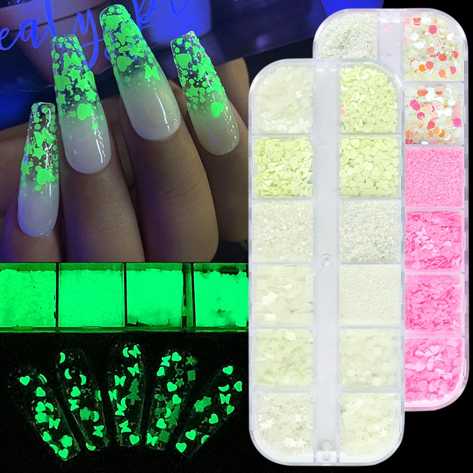 Luminous Nail Neon Glitter Sequin Butterfly Hexagon Fluorescent Green Flake Glow in the Dark Nail Art Manicure Decoration BE1861