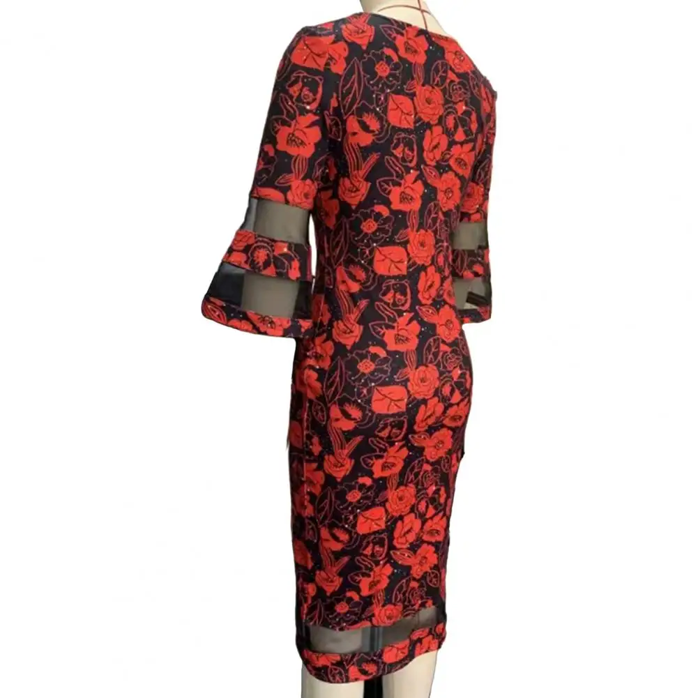 

Printed High Waist Dress Flower Printed V Neck Mesh Patchwork Midi Dress for Women Slim Fit Knee Length Sheath Dress with Three