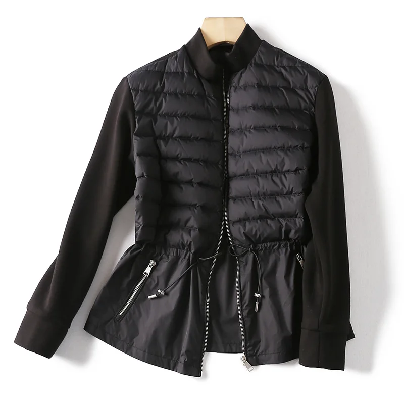 

2022 waist up stand neck knitted stitching down jacket women's short loose casual lightweight 90% white duck down jacket women