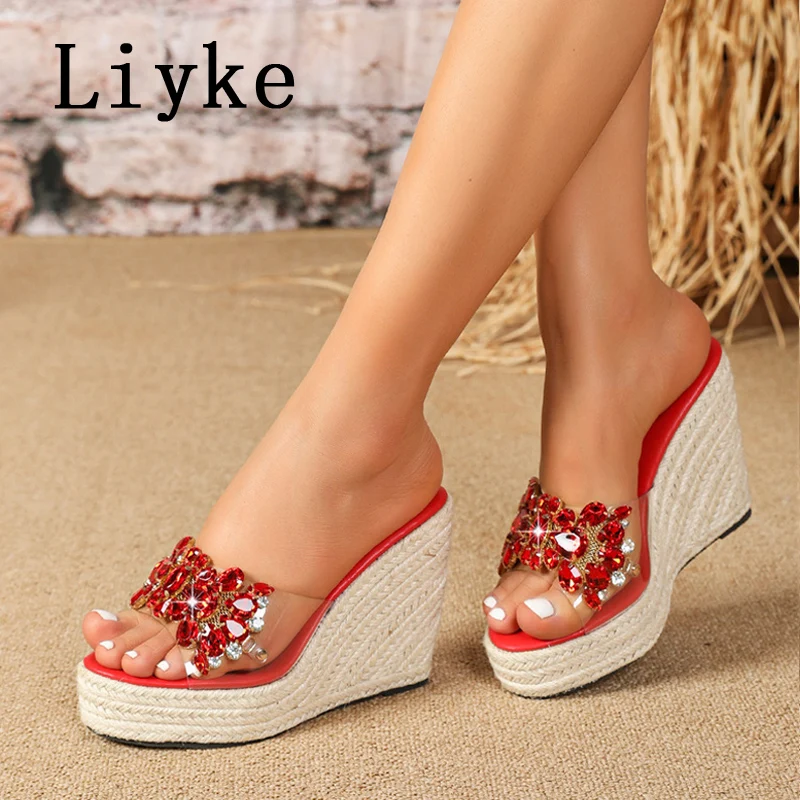 

Liyke Summer 10.5CM Wedges Shoes For Women Red Crystal Gem Transparent Sandals Female Open Toe High Heels Platform Slippers