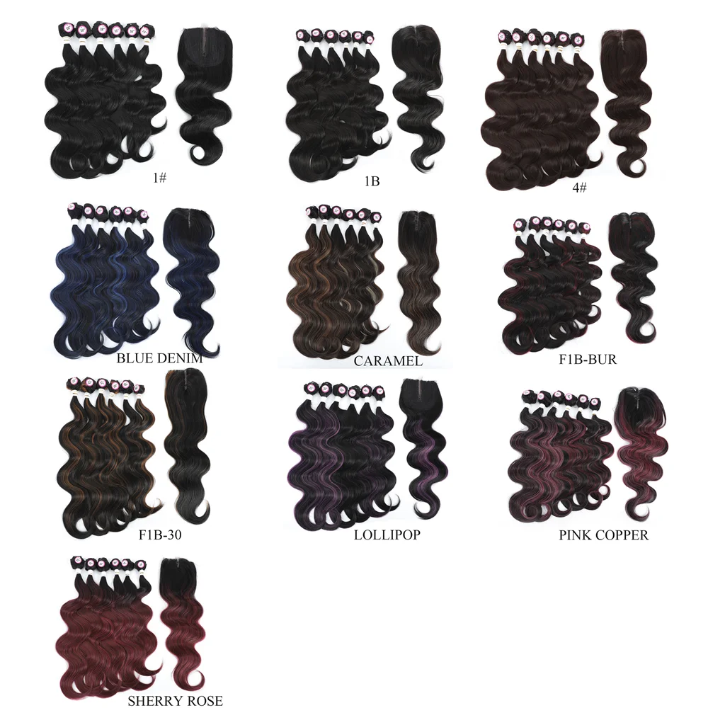 Synthetic Hair Extensions X-TRESS Body Wave Hair Bundles With Middle Part Closure For Black Women 7PCS One Pack