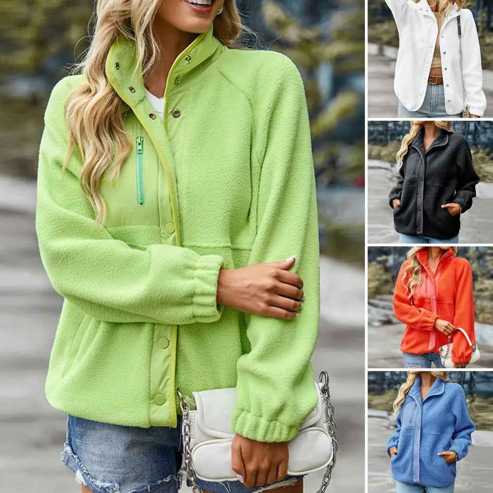 

Women Winter Coat Zipper Decor Long Sleeves Lapel Single-breasted Plush Keep Warm Cardigan Thick Pure Color Lady Autumn Coat Top