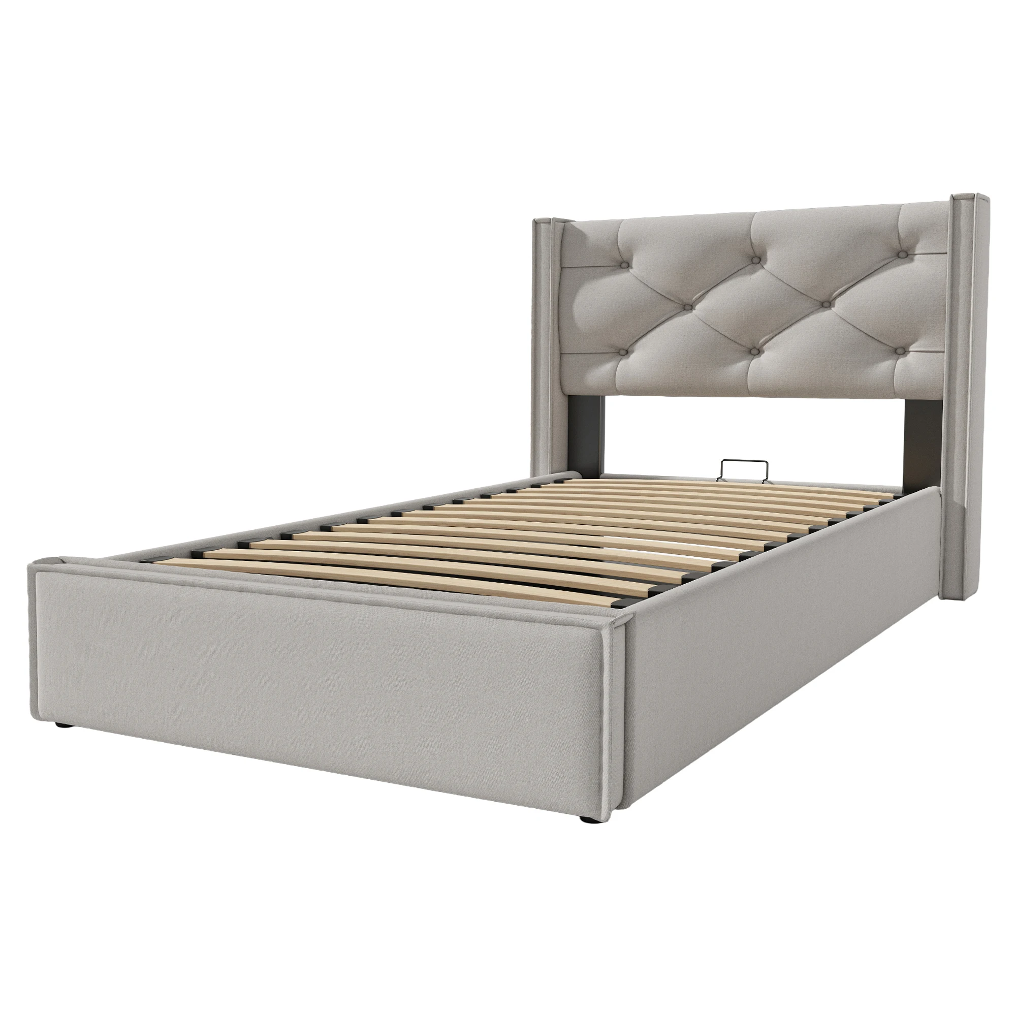 Hydraulisches Polsterbett 90x200cm mit Metalllattenrost, modernes Bett mit Stauraum, hellgrau. – Detail 15