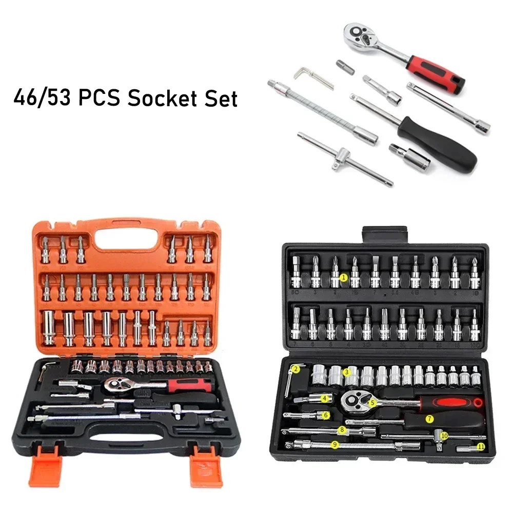 46/53pcs Car Repair Tool Kit 1/4-Inch Socket Set Ratchet Torque Wrench Combo Auto Repairing Set Mechanic car repair tools socket wrench set