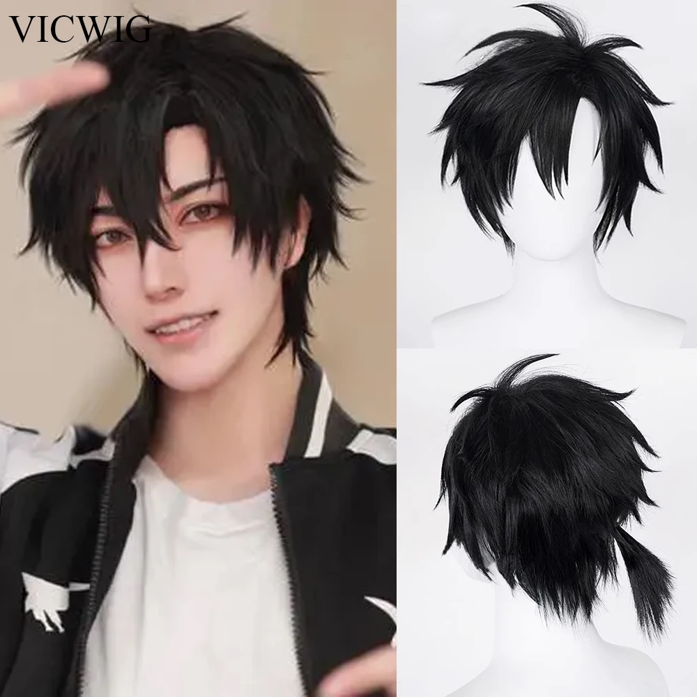 VICWIG Synthetic Black Short Straight Wig Men and Women Anime Cosplay Nature Fluffy Hair Wig for Daily Party mens short wig brown wig for daily use fashion wig synthetic wig nature looking