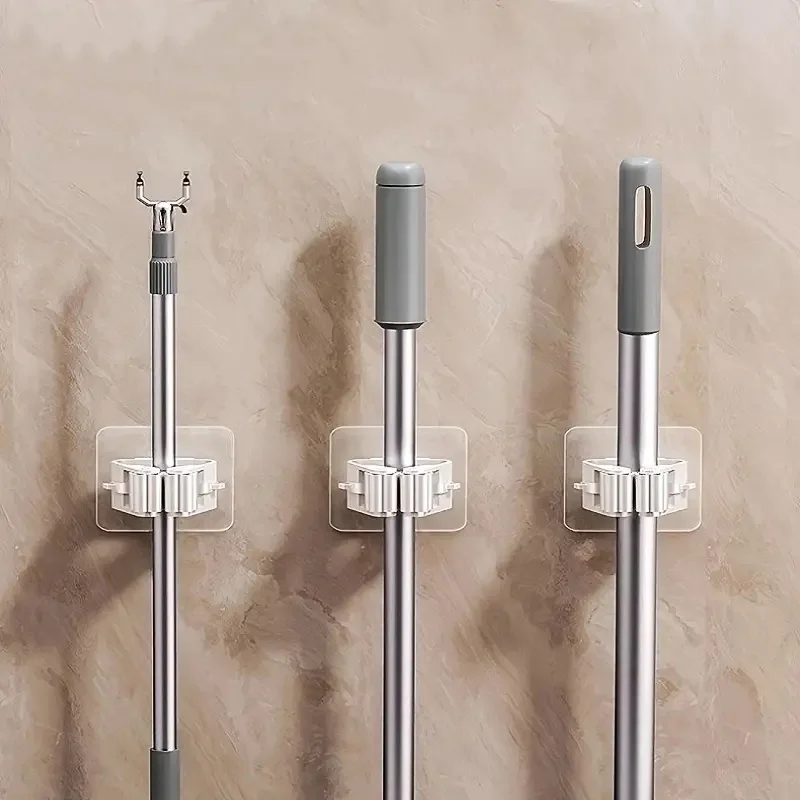 Wall-Mounted Mop & Broom Holder 4Pcs Easy-Install Strong Adhesive No-Drill Storage Rack for Home Organization Utility Hooks