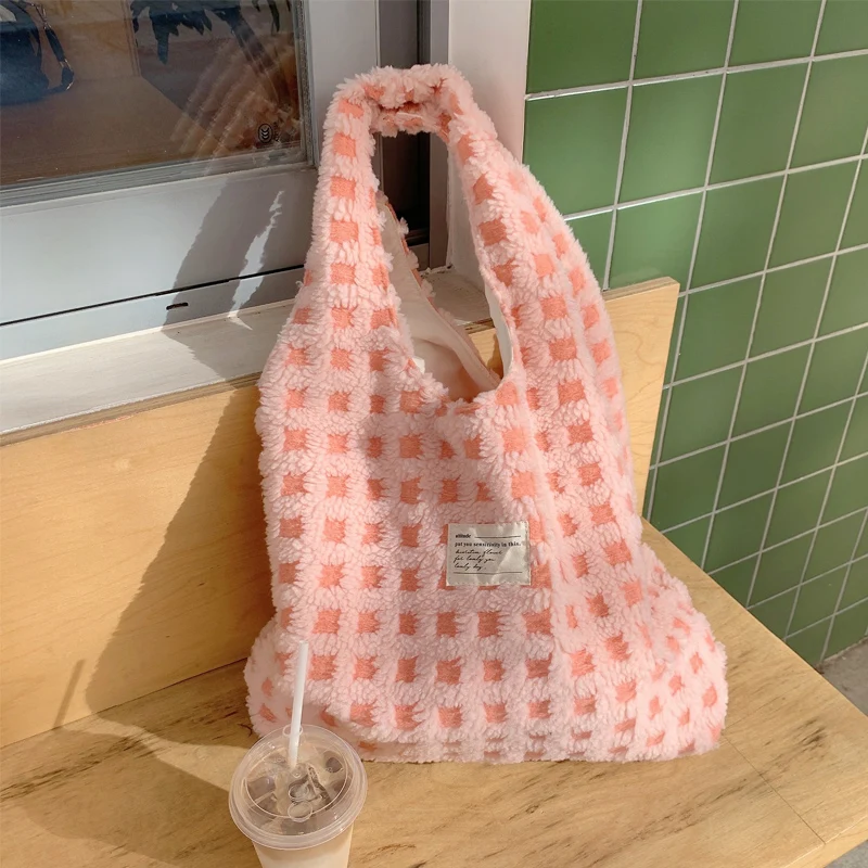 Waffle Pattern Plush Shoulder Bag - Stylish Eco Handbag & Tote
