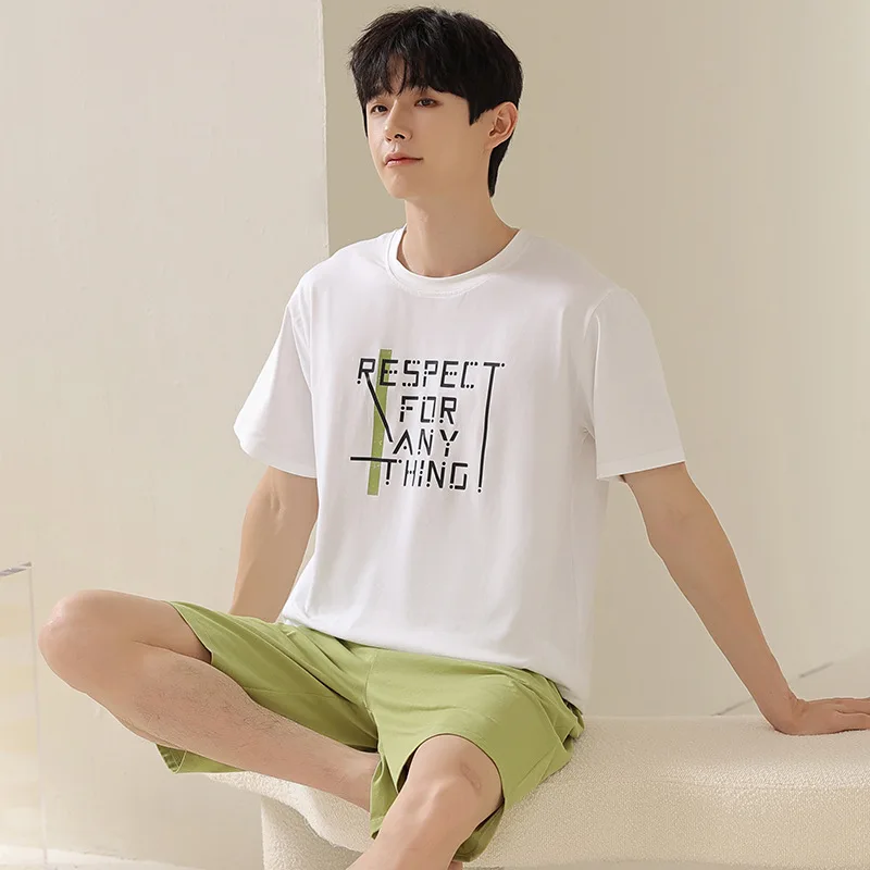 

Новый весенне-летний мужской костюм с коротким рукавом, однотонная, простая футболка из чистого хлопка с круглым вырезом, пижама,
