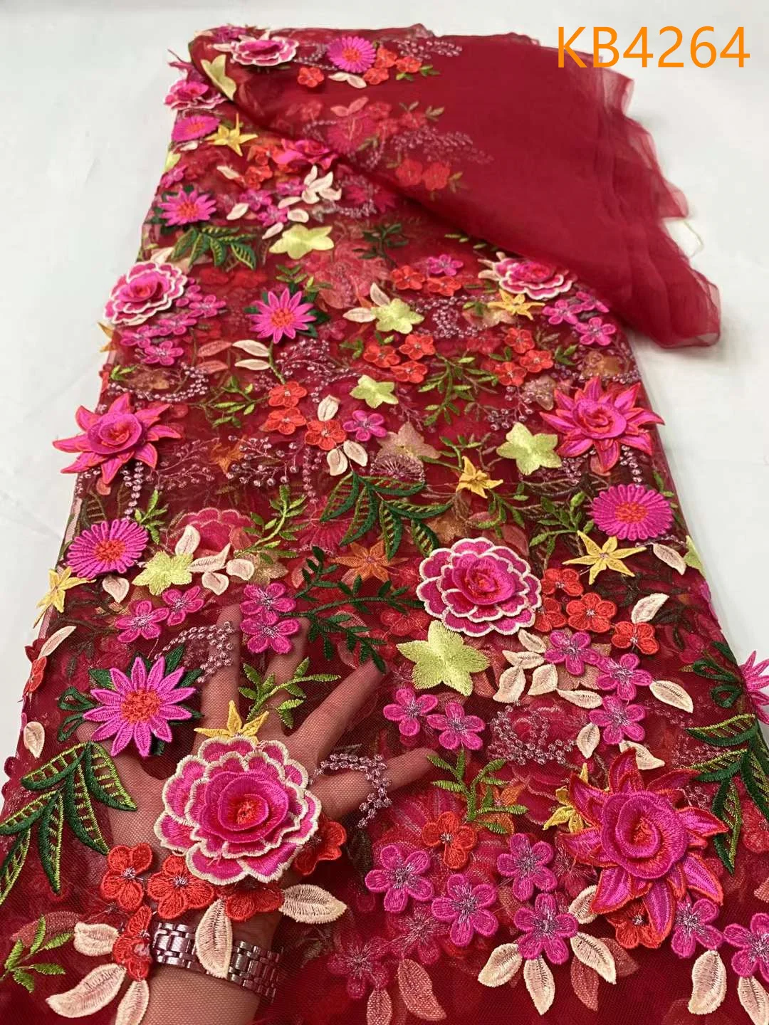 SanVera17 African Lace Fabric - 3D Embroidered Net Lace, 5 Yards Pink, For Wedding Dresses And Party Apparel