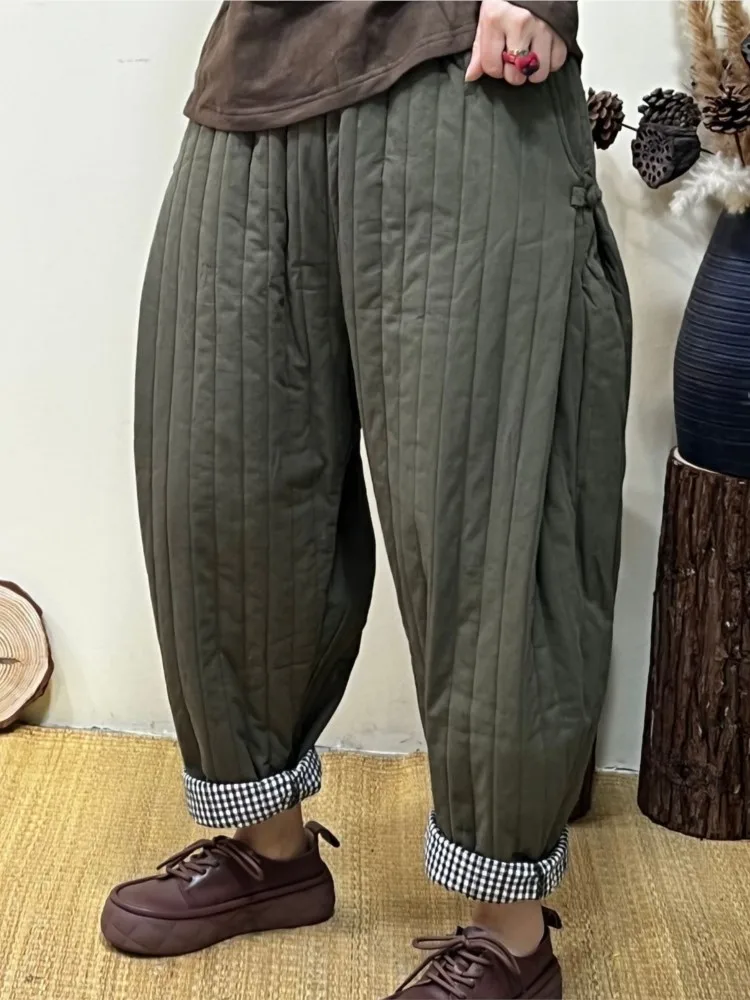 Winter Padded Pants Women 2022 New Casual Loose Thicker Warm Trousers Ladies Retro Elastic Waist