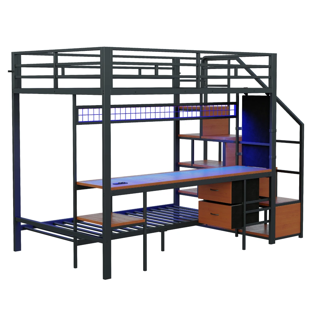 Metall-Etagenbett, Multifunktionsbett mit Schreibtisch, LED, Steckdosen, offenem Stauraum und Stoffschubladen, 140*200 cm und 90*200 cm – Detail 16