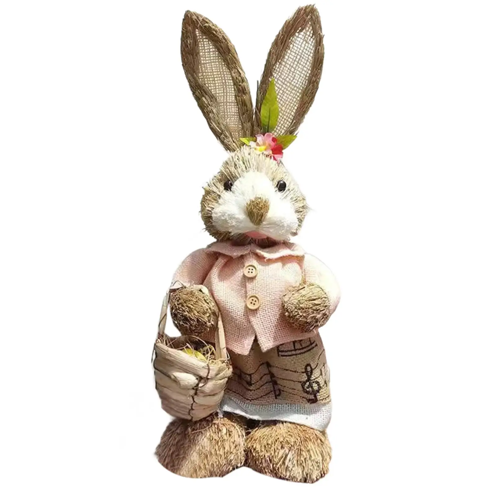 Easter Bunny Figurine Animal Sculpture Straw Standing Statue Easter Decor for Living Room Porch Indoor Outdoor Balcony