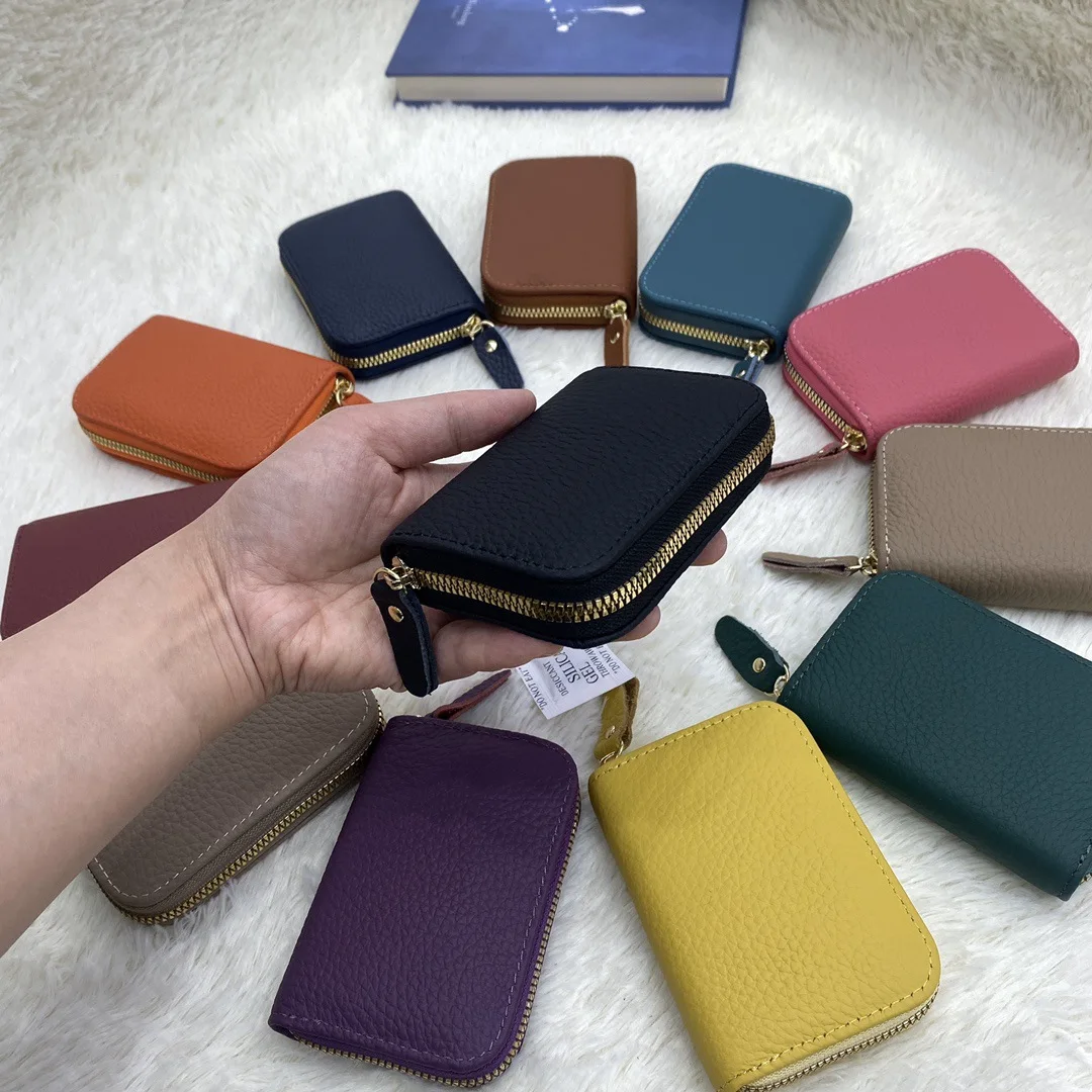 

First layer cowhide wallet Card Bag Women's double layer multi-slot integrated bag Zipper card bag coin wallet