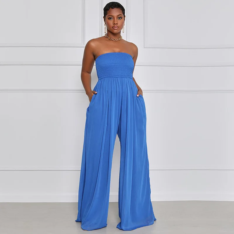 Casual Chiffon Jumpsuit Woman Solid Sleeveless Bandeau Full