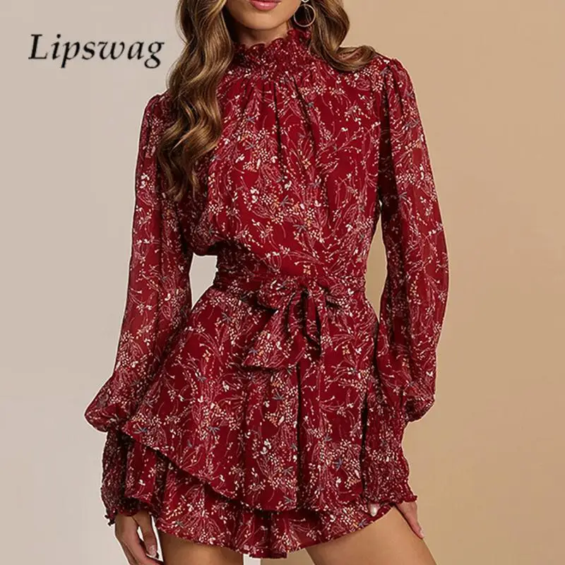 

2024 Autumn Long Sleeve Slim Waisted Cake Dress Fashion Stand-Up Collar Floral Dress Elegant Ladies Pleated Ruffled Mini Dresses