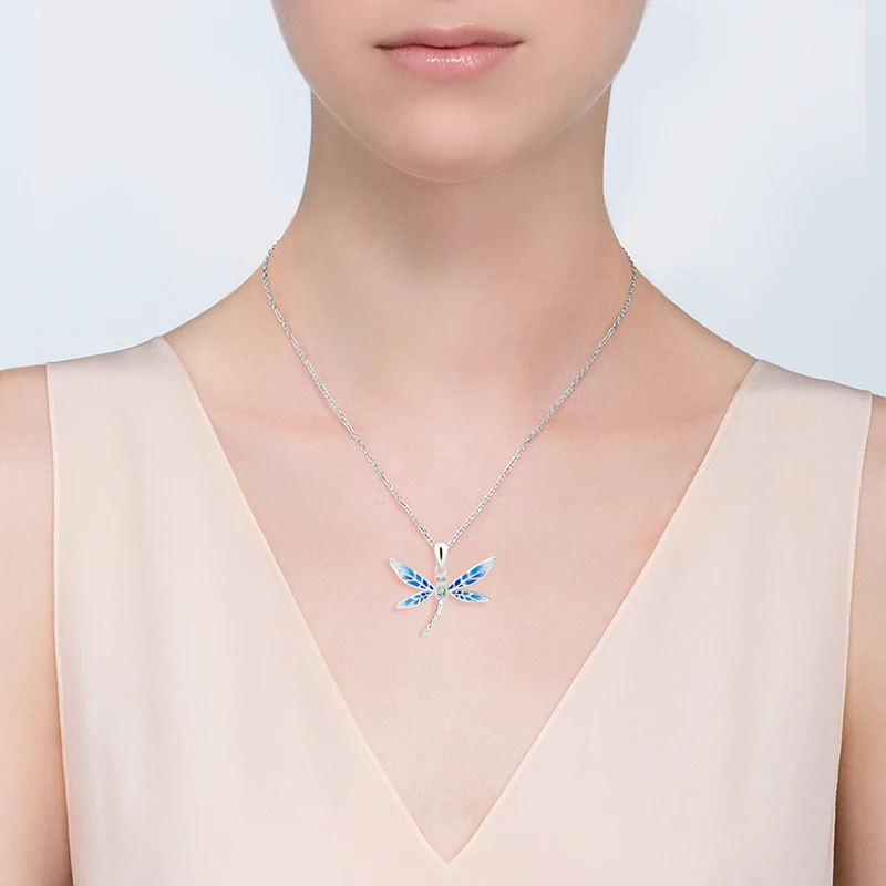 XiaoJing 925 Sterling Silver Blue Enamel Dragonfly Pendant Necklaces with Transparent Cz Woman Fashion Jewelry Mother Day Gift