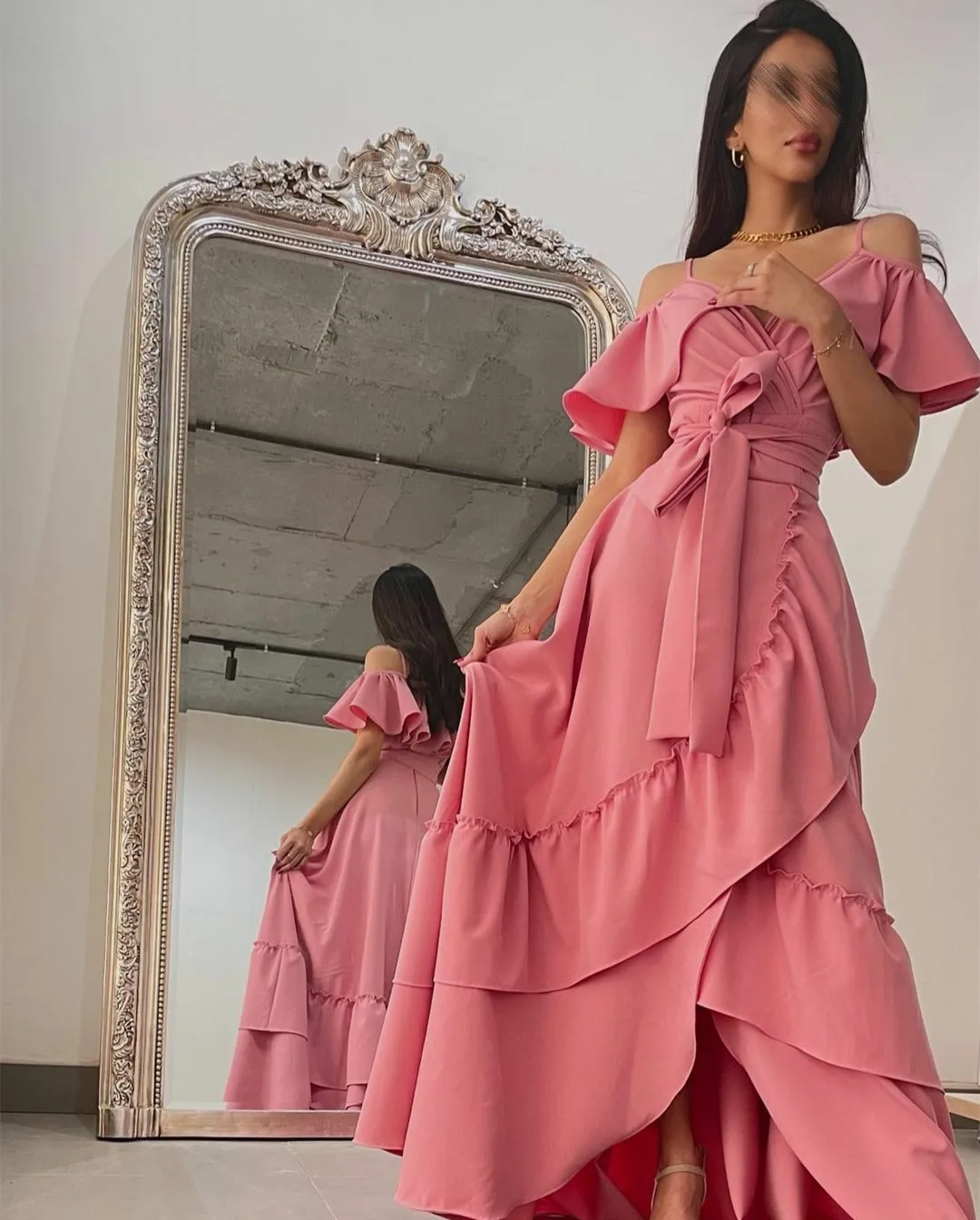 

Vintage Long Pink V-Neck Evening Dresses With Sash A-Line Zipper Floor Length فساتين السهرة Prom Gowns for Women